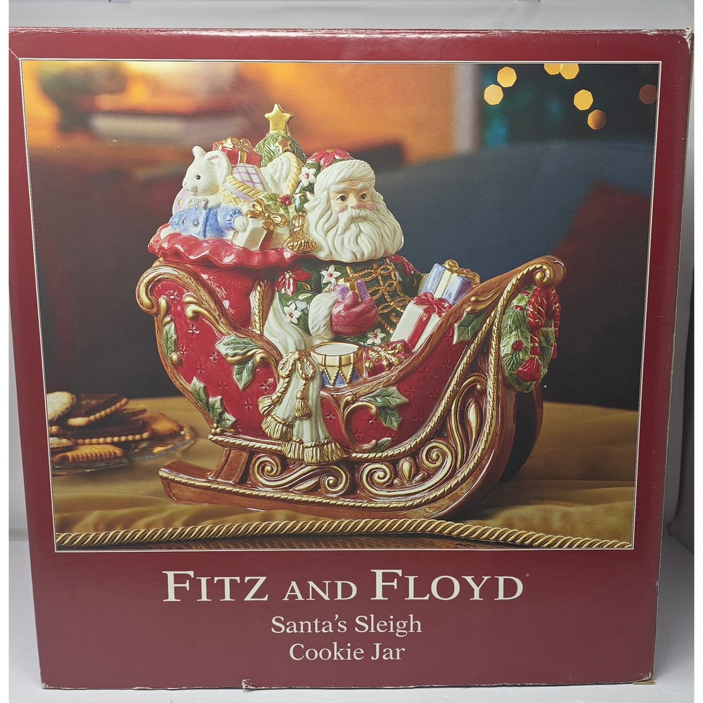 Fitz and Floyd Santa Sleigh Cookie Jar Retired Christmas Centerpiece in Box‎
